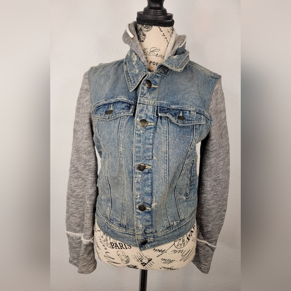 Free People XS Denim Jacket Hooded Gray Sweater Sleeves Blue - Picture 2 of 9